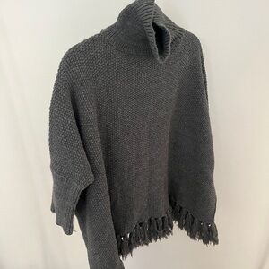 Vintage Knit Turtleneck Fringe Poncho Style Grey Sweater